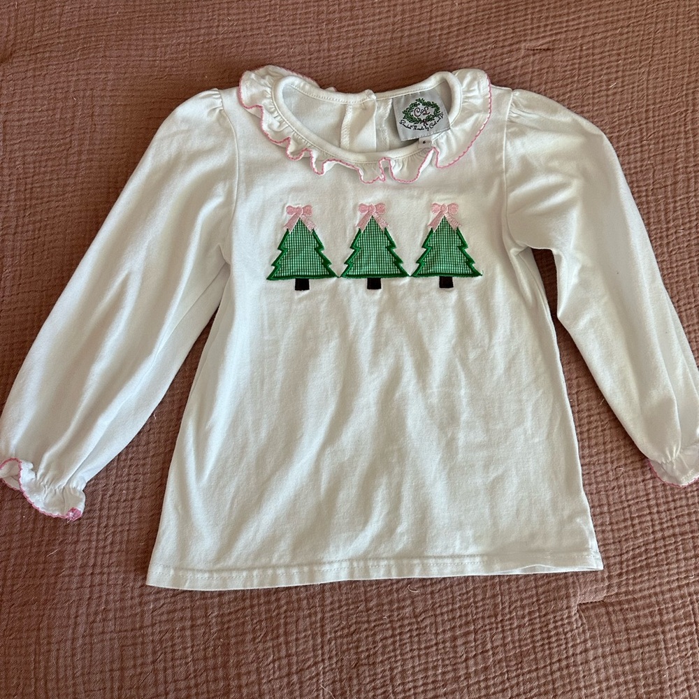 Adorable Christmas Tree White Long Sleeve Kids Tee with pink trim